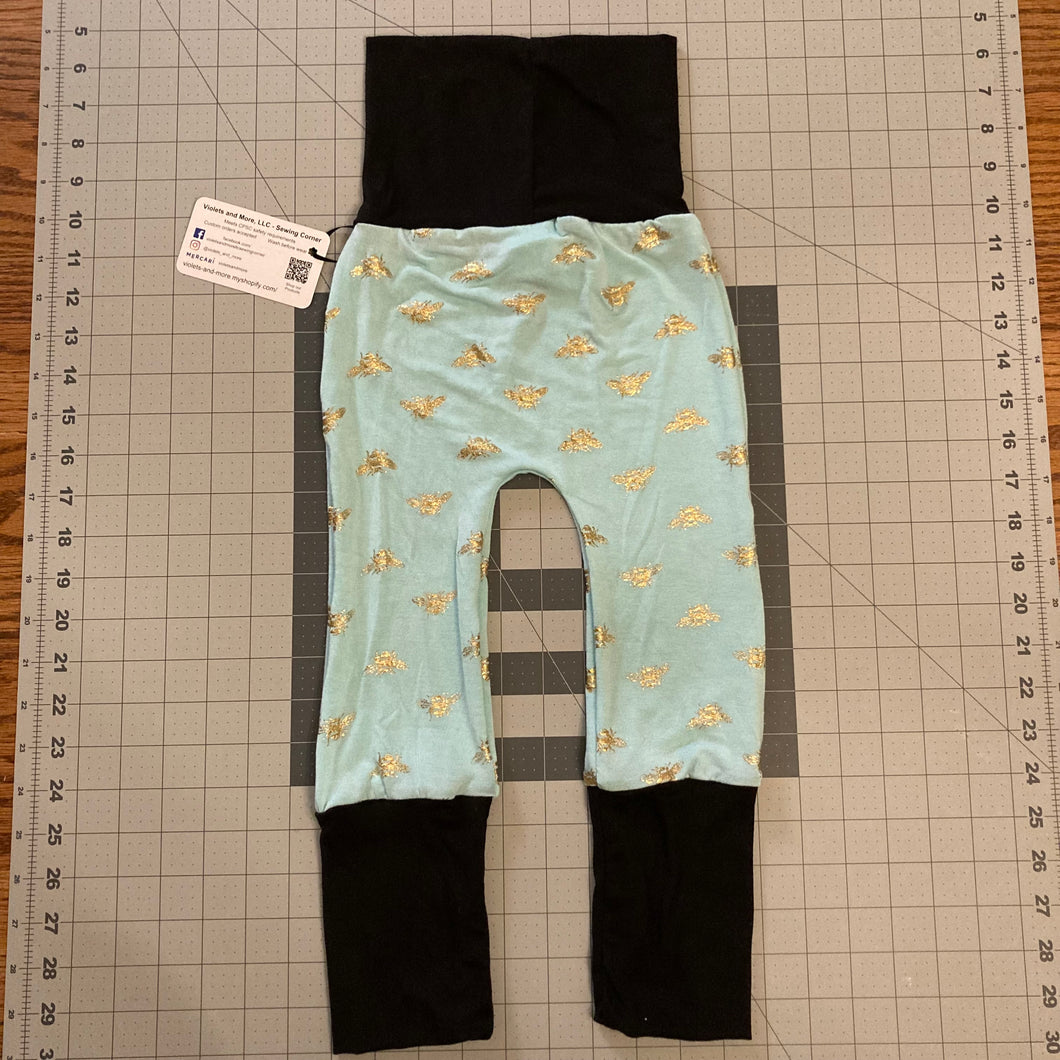 9mo-3T Foil Bees on Teal Blue Cotton Spandex Maxaloones