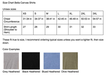 Load image into Gallery viewer, Size Chart for Bella Canvas Shirts Color examples for grey, black, blue, and olive
