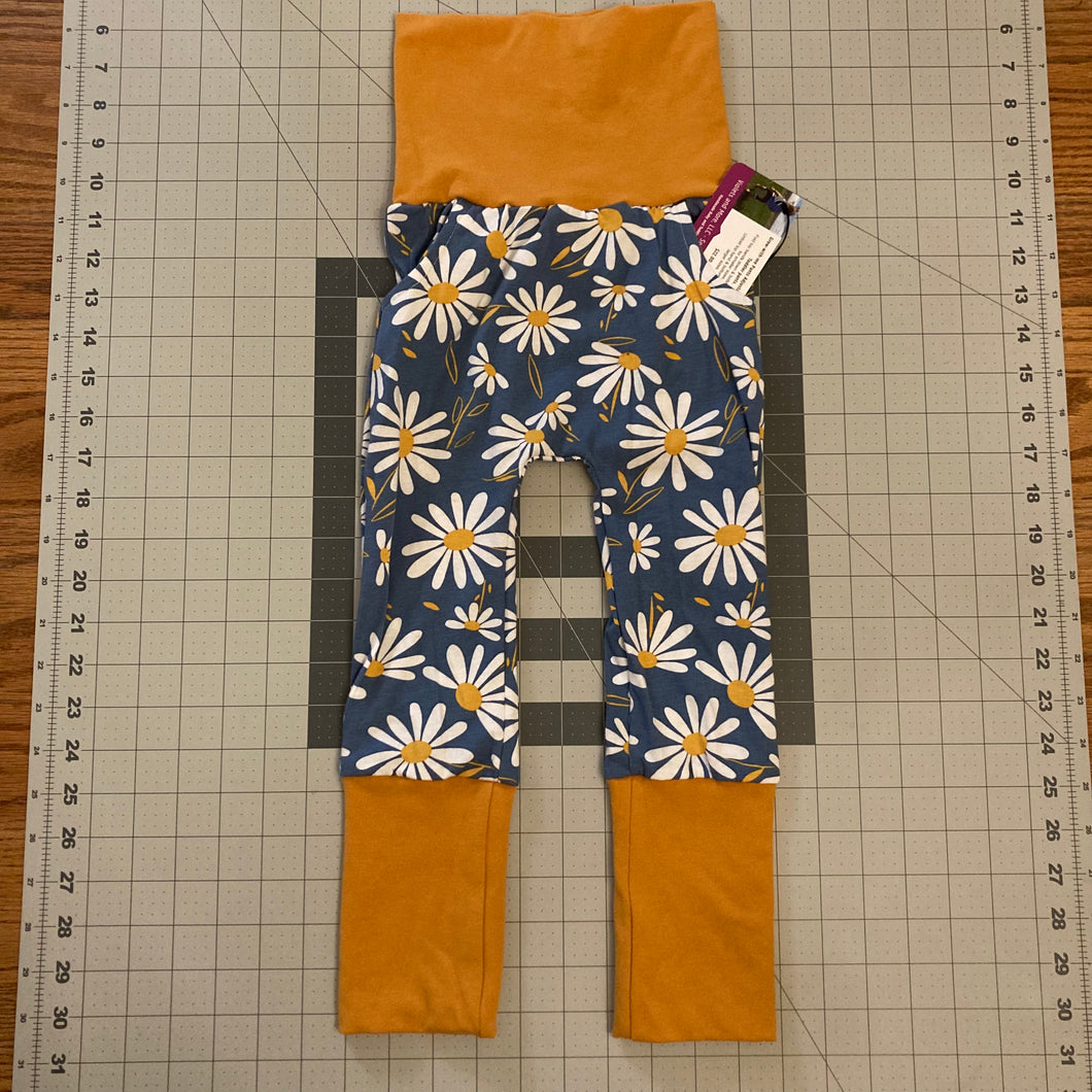 Daisies on Blue Mustard Cotton Spandex Maxaloones with Pockets